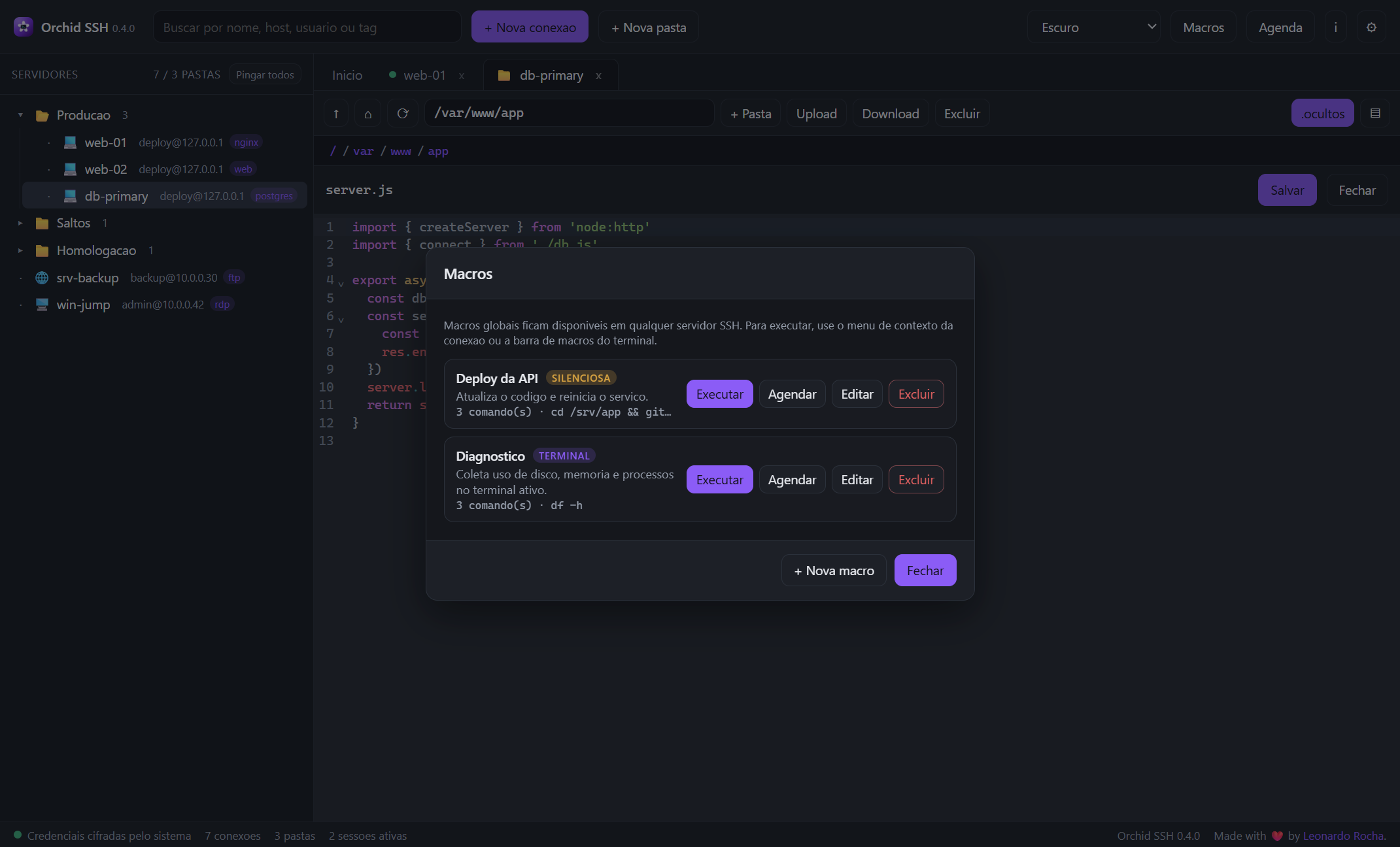 Gerenciador de macros do Orchid SSH com as macros Deploy da API e Diagnóstico