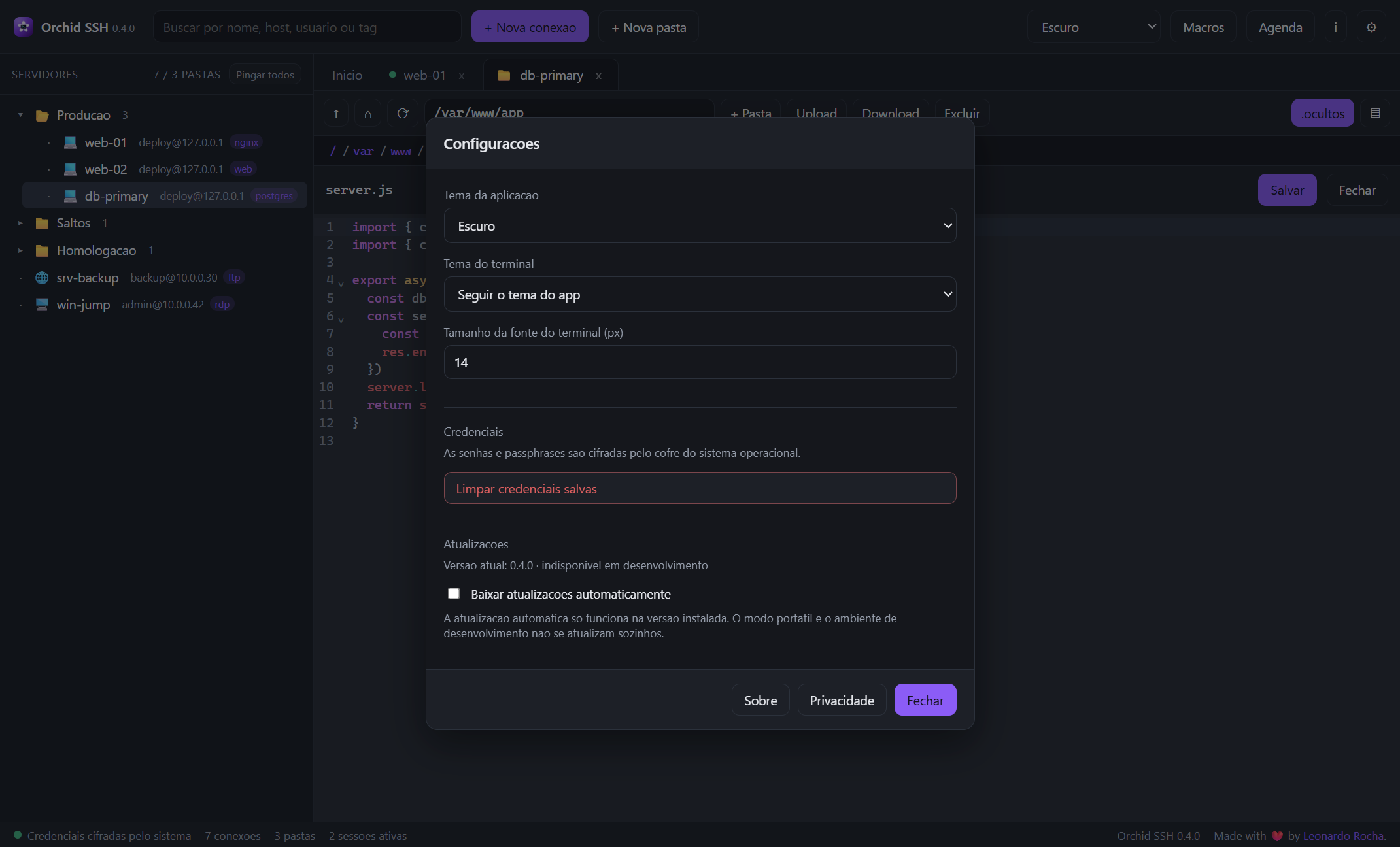 Configurações do Orchid SSH: tema do app, tema do terminal, fonte e cofre de credenciais